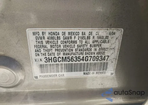 2004 Honda Accord 2.4 Lx from USA, damaged, VIN 3HGCM56354G709347